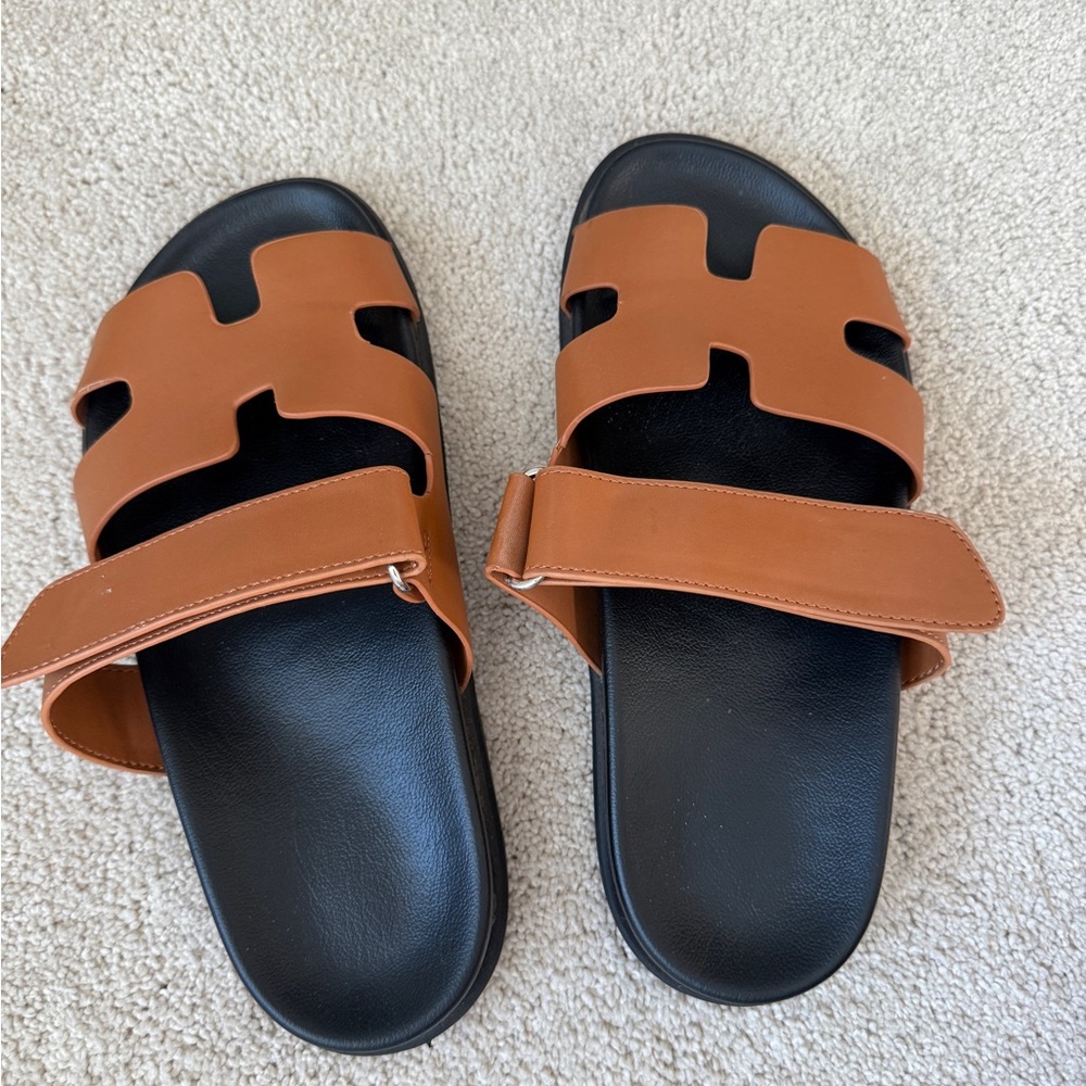 Brown and Black H Slide Sandals